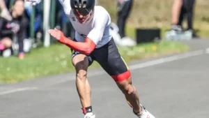 Dutch inline speed skater sprinting during a national-level road competition