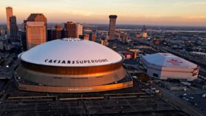 Aerial view of the Caesars Superdome in New Orleans, host of X Games New Orleans 2026