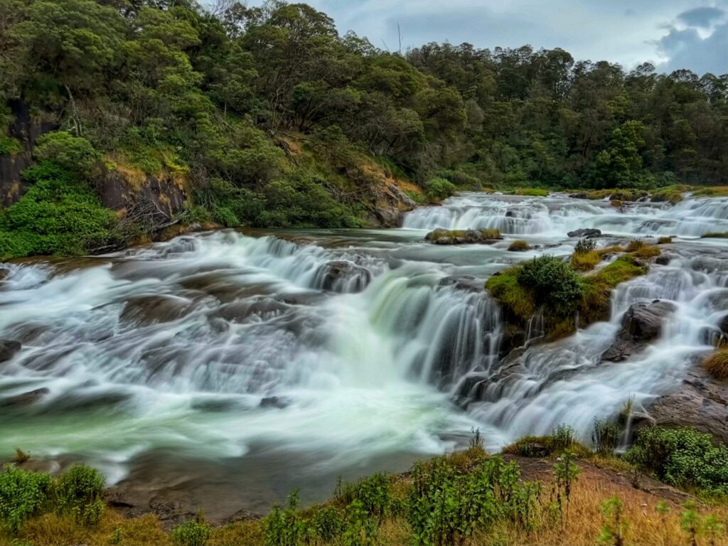 Long exposure photo of a waterfall in the middle of a lush green forest with a cloudy sky. — Photo by Adhun Anand
